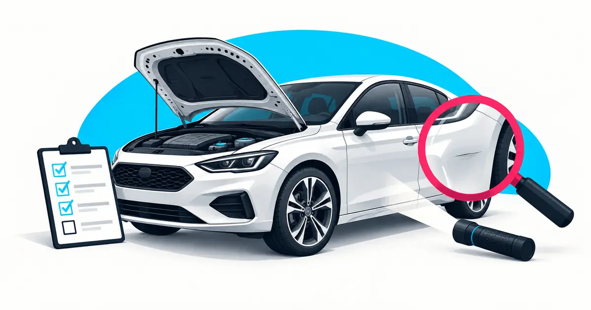 Ein gebrauchtes Elektroauto mit geöffneter Motorhaube und Checkliste bei der Kaufprüfung.